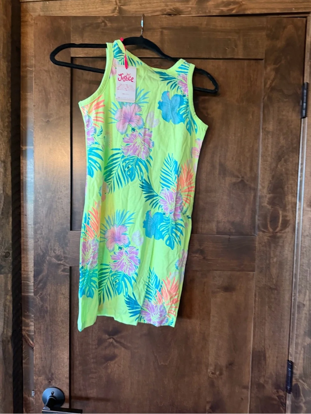 Justice Girls' Neon Green Tropical Tank Dress or swim cover sz med 10